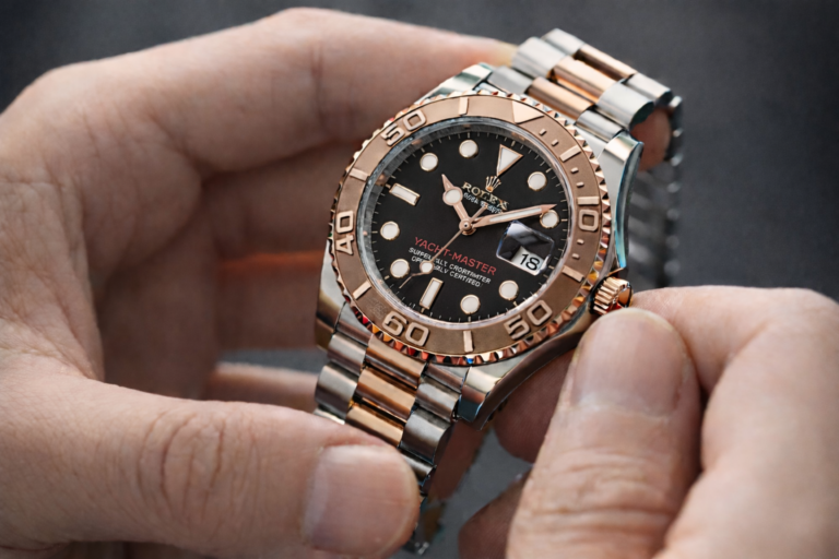 Close-up of a Rolex Yacht-Master being wound by hand, showing the Everose bezel and Oyster bracelet.