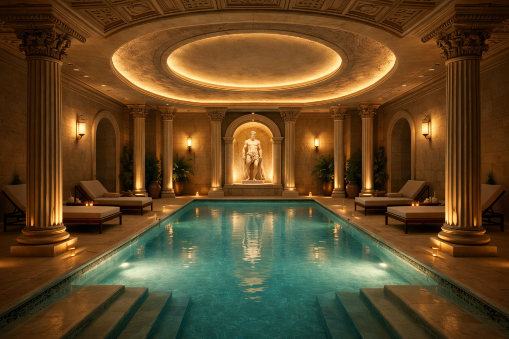 luxury indoor spa pool with marble columns classical architecture and warm ambient lighting