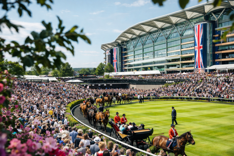 AI-generated scene of the Royal Ascot parade ring with racehorses and jockeys presented before a packed grandstand of spectators at the prestigious British horse racing event.