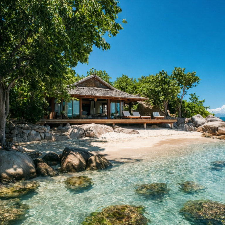 luxury tropical beachfront villa on secluded private beach with clear turquoise water and lush greenery