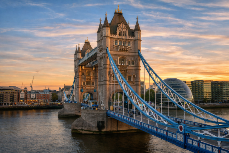 AI generated view of London’s Tower Bridge at sunset with the River Thames and city skyline
