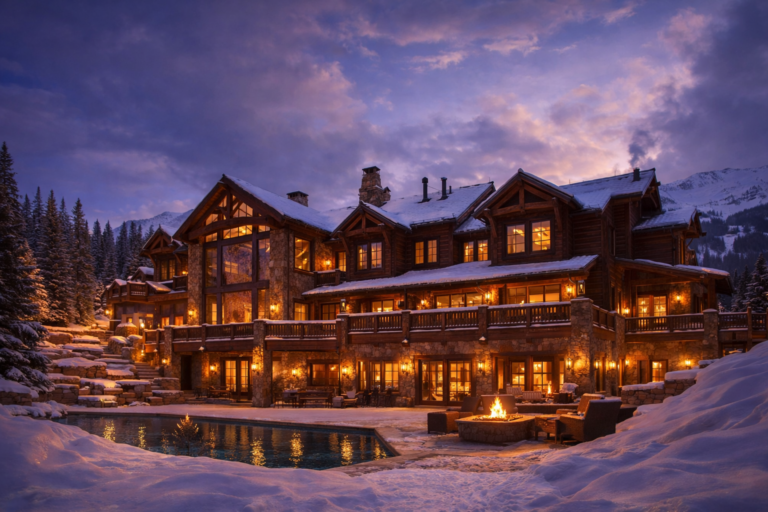 luxury alpine chalet mansion illuminated at dusk surrounded by snow covered mountains
