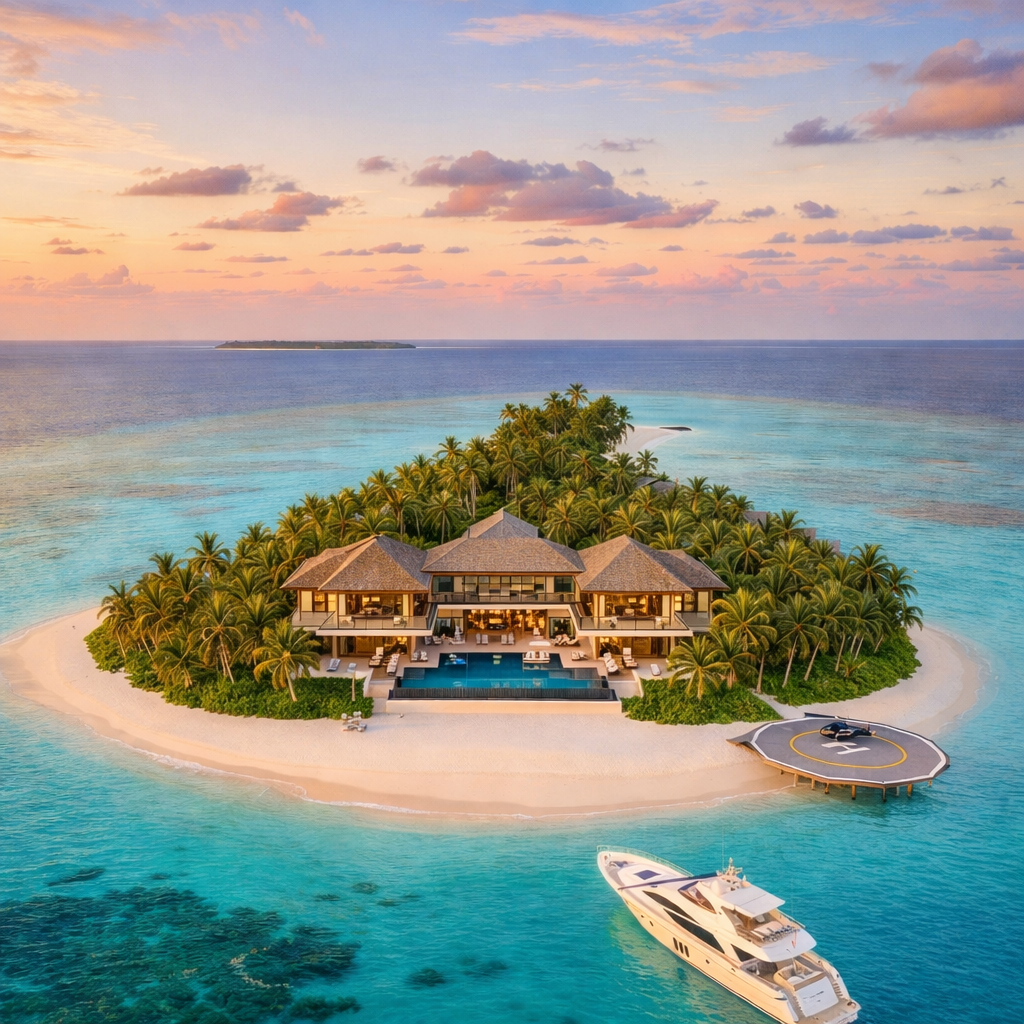 Ultra luxury private island estate surrounded by turquoise ocean with helipad, superyacht and tropical villas at sunset
