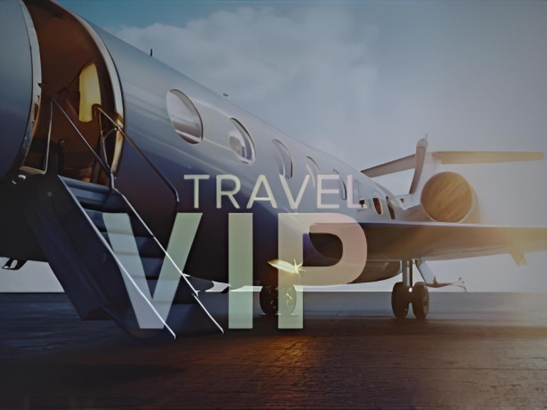 Luxury private jet travel experience with VIP passengers boarding aircraft at sunset