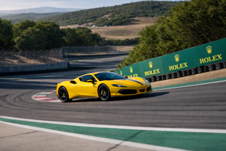 AI-generated image of a yellow Ferrari sports car carving through a sweeping corner at Laguna Seca race circuit with Rolex trackside banners.