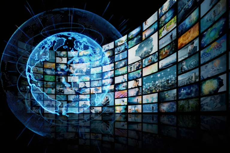 AI generated global digital media wall showing financial data, news and technology networks