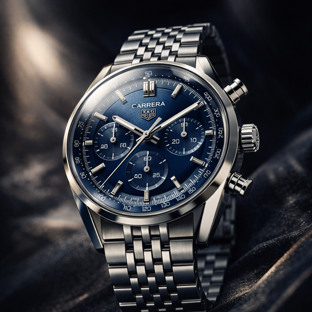AI-generated luxury editorial image of a TAG Heuer Carrera blue dial chronograph with stainless steel bracelet in dramatic lighting