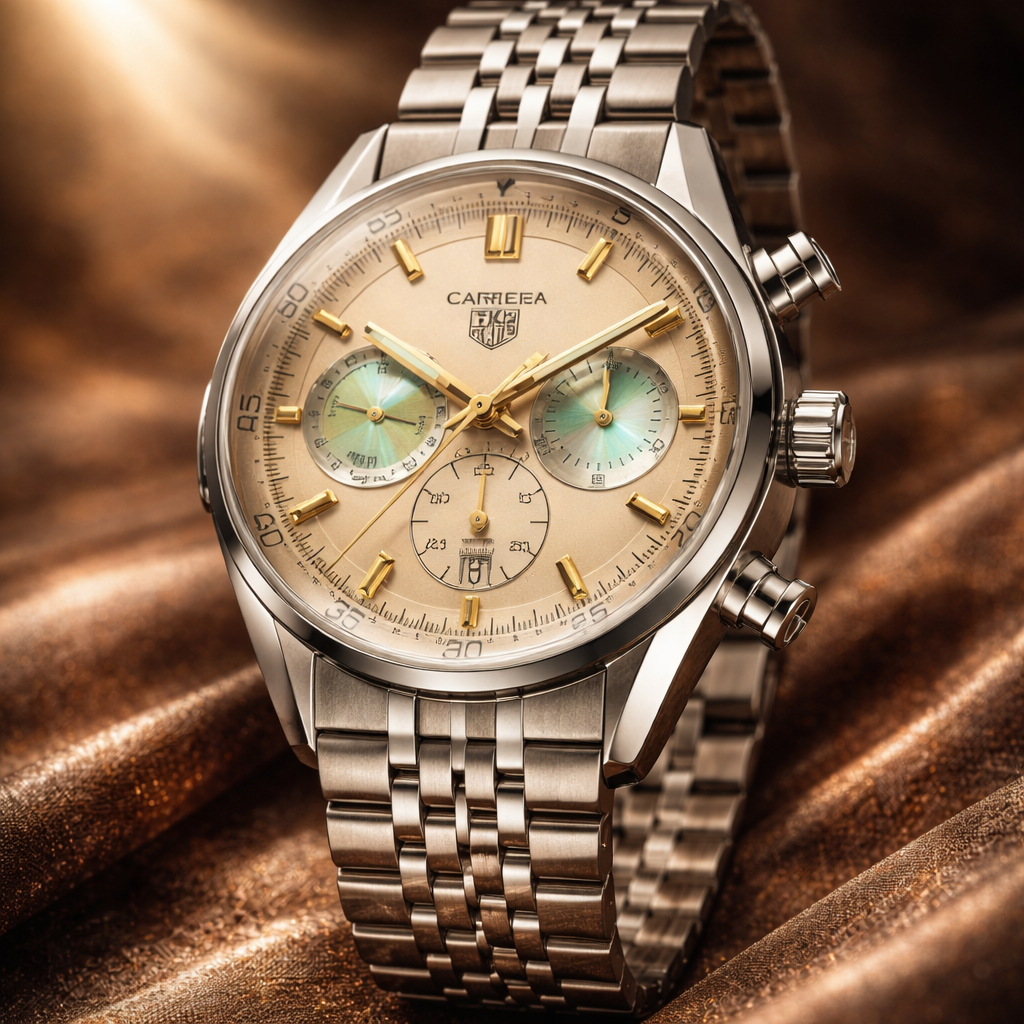 AI-generated luxury image of a TAG Heuer Carrera chronograph with champagne dial and iridescent subdials on a stainless steel bracelet