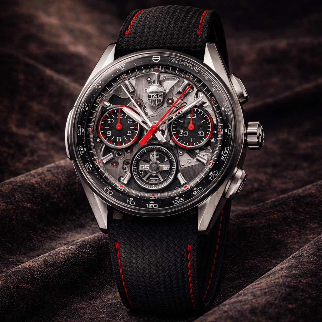 AI-generated luxury editorial image of a TAG Heuer Carrera skeleton chronograph with black strap and red accents in dramatic lighting