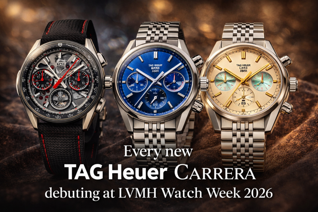 AI-generated luxury editorial hero image featuring multiple TAG Heuer Carrera chronographs from LVMH Watch Week 2026 in dramatic lighting