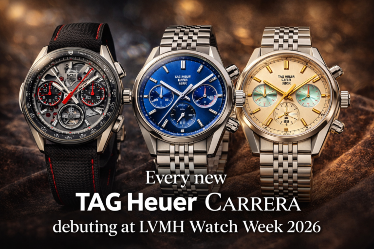 AI-generated luxury editorial hero image featuring multiple TAG Heuer Carrera chronographs from LVMH Watch Week 2026 in dramatic lighting