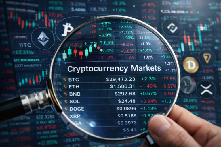 AI generated magnifying glass analyzing cryptocurrency market charts and digital finance data