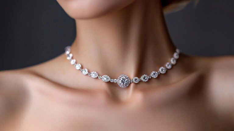 Elegant woman showcasing a diamond necklace with a large center stone, embodying timeless beauty and sophistication on a neutral backdrop.
