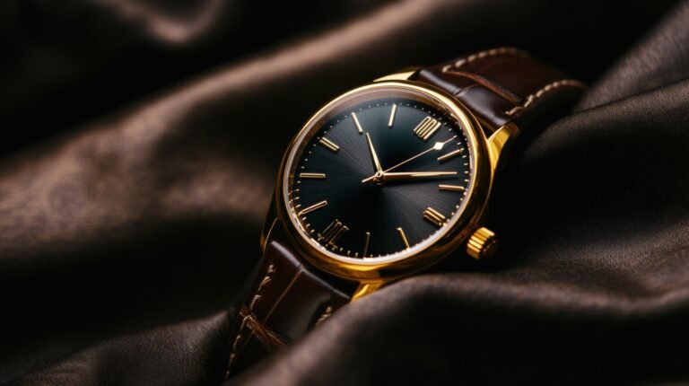 Sophisticated gold watch with a rich brown leather strap, the watch face glimmering under soft lighting, the strap’s texture highlighted by the gentle contrast between the gold and leather, timeless and luxurious mood,